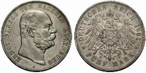 5 Mark Sassonia-Altenburg  (1826 - 1920) Argento Ernesto I di Sassonia-Altenburg (1826 - 1908)
