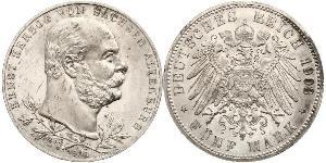 5 Mark Sassonia-Altenburg  (1826 - 1920) Argento Ernesto I di Sassonia-Altenburg (1826 - 1908)