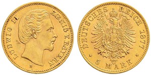 5 Mark Königreich Bayern (1806 - 1918) Gold Ludwig II. (Bayern)(1845 – 1886)