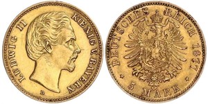5 Mark Royaume de Bavière (1806 - 1918) Or Louis II de Bavière (1845-1886)(1845 – 1886)