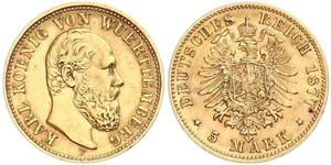 5 Mark Royaume de Wurtemberg (1806-1918) Or Charles Ier de Wurtemberg
