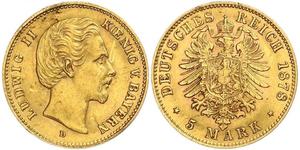 5 Mark Regno di Baviera (1806 - 1918) Oro Ludovico II di Baviera(1845 – 1886)