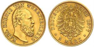 5 Mark Regno di Württemberg (1806-1918) Oro Carlo di Württemberg
