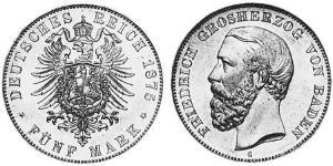 5 Mark Gran Ducado de Baden (1806-1918) Plata Federico I de Baden (1826 - 1907)
