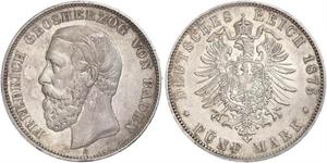 5 Mark Gran Ducado de Baden (1806-1918) Plata Federico I de Baden (1826 - 1907)