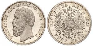 5 Mark Gran Ducado de Baden (1806-1918) Plata Federico I de Baden (1826 - 1907)