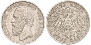 5 Mark Gran Ducado de Baden (1806-1918) Plata Federico I de Baden (1826 - 1907)