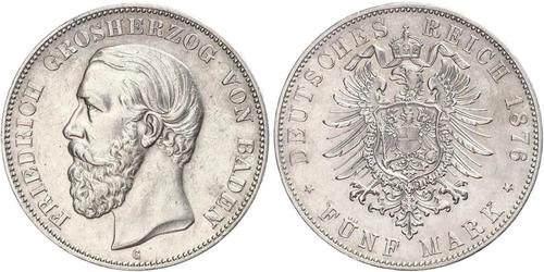 5 Mark Gran Ducado de Baden (1806-1918) Plata Federico I de Baden (1826 - 1907)