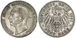 5 Mark Grand Duchy of Oldenburg (1814 - 1918) Plata Federico Augusto III de Sajonia (1865-1932)