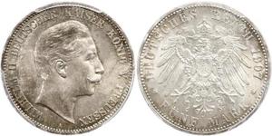 5 Mark Reino de Prusia (1701-1918) Plata Wilhelm II, German Emperor (1859-1941)