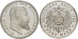 5 Mark Reino de Wurtemberg (1806-1918) Plata Wilhelm II, German Emperor (1859-1941)