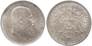 5 Mark Reino de Wurtemberg (1806-1918) Plata Wilhelm II, German Emperor (1859-1941)