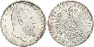 5 Mark Reino de Wurtemberg (1806-1918) Plata Wilhelm II, German Emperor (1859-1941)