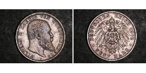 5 Mark Reino de Wurtemberg (1806-1918) Plata Wilhelm II, German Emperor (1859-1941)