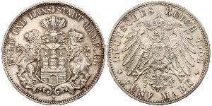 5 Mark Deutsches Kaiserreich (1871-1918) / Hamburg Silber 