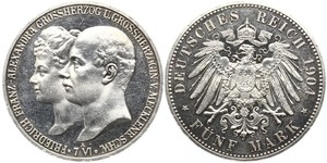 5 Mark Duchy of Mecklenburg-Schwerin (1352-1918) Silver Frederick Francis IV, Grand Duke of Mecklenburg (1882 - 1945)