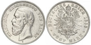 5 Mark Grand Duchy of Baden (1806-1918) Silver Frederick I, Grand Duke of Baden (1826 - 1907)