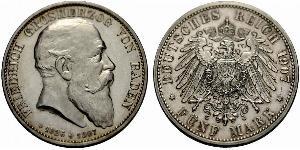 5 Mark Grand Duchy of Baden (1806-1918) Silver Frederick I, Grand Duke of Baden (1826 - 1907)