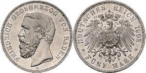 5 Mark Grand Duchy of Baden (1806-1918) Silver Frederick I, Grand Duke of Baden (1826 - 1907)