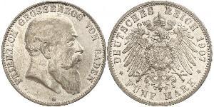 5 Mark Grand Duchy of Baden (1806-1918) Silver Frederick I, Grand Duke of Baden (1826 - 1907)