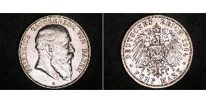 5 Mark Grand Duchy of Baden (1806-1918) Silver Frederick I, Grand Duke of Baden (1826 - 1907)