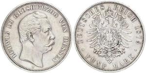 5 Mark Grand Duchy of Hesse (1806 - 1918) Silver Louis III, Grand Duke of Hesse