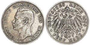 5 Mark Grand Duchy of Hesse (1806 - 1918) Silver Ernest Louis, Grand Duke of Hesse (1868 - 1937)
