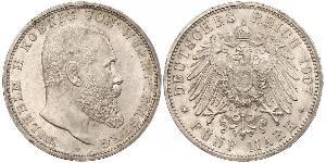 5 Mark Kingdom of Württemberg (1806-1918) Silver Wilhelm II, German Emperor (1859-1941)