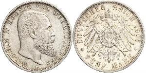 5 Mark Kingdom of Württemberg (1806-1918) Silver Wilhelm II, German Emperor (1859-1941)