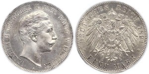 5 Mark 普魯士王國 (1701 - 1918) 銀 威廉二世 (德国)