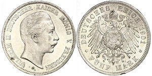 5 Mark 普魯士王國 (1701 - 1918) 銀 威廉二世 (德国)