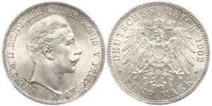 5 Mark 普魯士王國 (1701 - 1918) 銀 威廉二世 (德国)