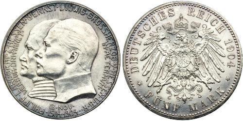 5 Mark 黑森-达姆施塔特 (1806 - 1918) 銀 恩斯特·路德维希 (黑森大公) (1868 - 1937)