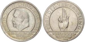 5 Mark / 5 Reichsmark República de Weimar (1918-1933) Plata Paul von Hindenburg