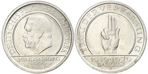 5 Mark / 5 Reichsmark 魏瑪共和國 (1919 - 1933) 銀 保罗·冯·兴登堡 (1847 - 1934)