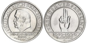 5 Mark / 5 Reichsmark 魏瑪共和國 (1919 - 1933) 銀 保罗·冯·兴登堡 (1847 - 1934)