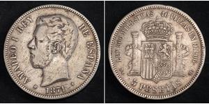 5 Peseta Kingdom of Spain (1814 - 1873) Argent Amédée Ier (roi d