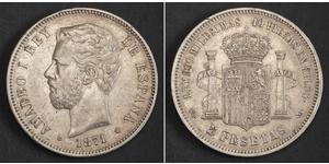 5 Peseta Kingdom of Spain (1814 - 1873) 銀 阿玛迪奥一世 (西班牙)  (1845 - 1890)