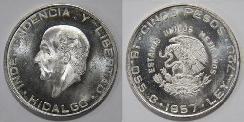 5 Peso Second Federal Republic of Mexico (1846 - 1863) Argent Miguel Hidalgo