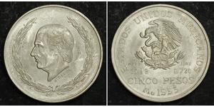 5 Peso Second Federal Republic of Mexico (1846 - 1863) Argento Miguel Hidalgo