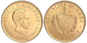 5 Peso Cuba (1898 - ) Oro Jose Julian Marti Perez (1853 - 1895) 
