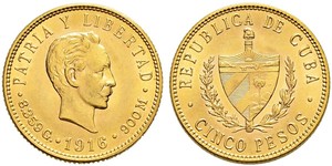 5 Peso Cuba (1898 - ) Oro Jose Julian Marti Perez (1853 - 1895) 