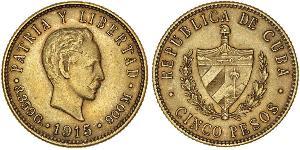5 Peso Cuba (1898 - ) Oro Jose Julian Marti Perez (1853 - 1895) 