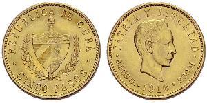 5 Peso Cuba (1898 - ) Oro Jose Julian Marti Perez (1853 - 1895) 