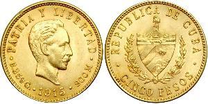 5 Peso Cuba (1898 - ) Oro Jose Julian Marti Perez (1853 - 1895) 