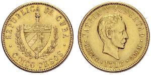 5 Peso Cuba (1898 - ) Oro Jose Julian Marti Perez (1853 - 1895) 