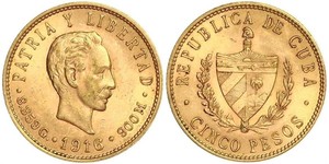 5 Peso Cuba (1898 - ) Oro Jose Julian Marti Perez (1853 - 1895) 