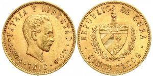 5 Peso Cuba (1898 - ) Oro Jose Julian Marti Perez (1853 - 1895) 
