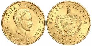 5 Peso Cuba (1898 - ) Oro Jose Julian Marti Perez (1853 - 1895) 