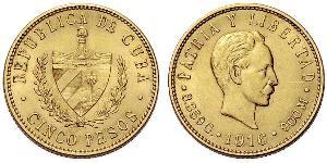 5 Peso Cuba (1898 - ) Oro Jose Julian Marti Perez (1853 - 1895) 